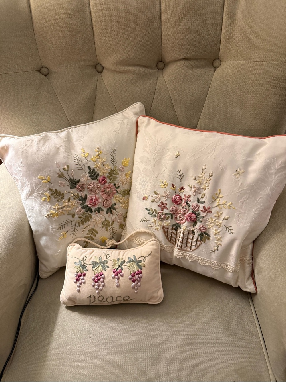 Embroidered Floral Ribbon 14X14 Throw Pillow Set in Cream - Peace Accent